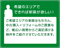 希望のエリアでできれば新築が欲しい！ご希望エリアの新築はもちろん、中古購入＋リフォームのご提案など、幅広い視野からご満足頂ける物件をご紹介させていただきます。